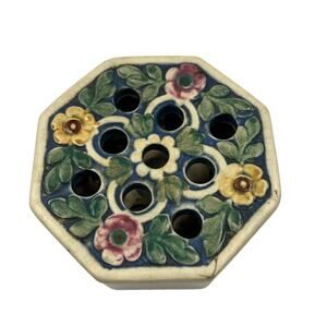 Antique Weller Ware Ceramic Florala 9 Hole Flower‎ Frog Vase RARE 1920's FLAW